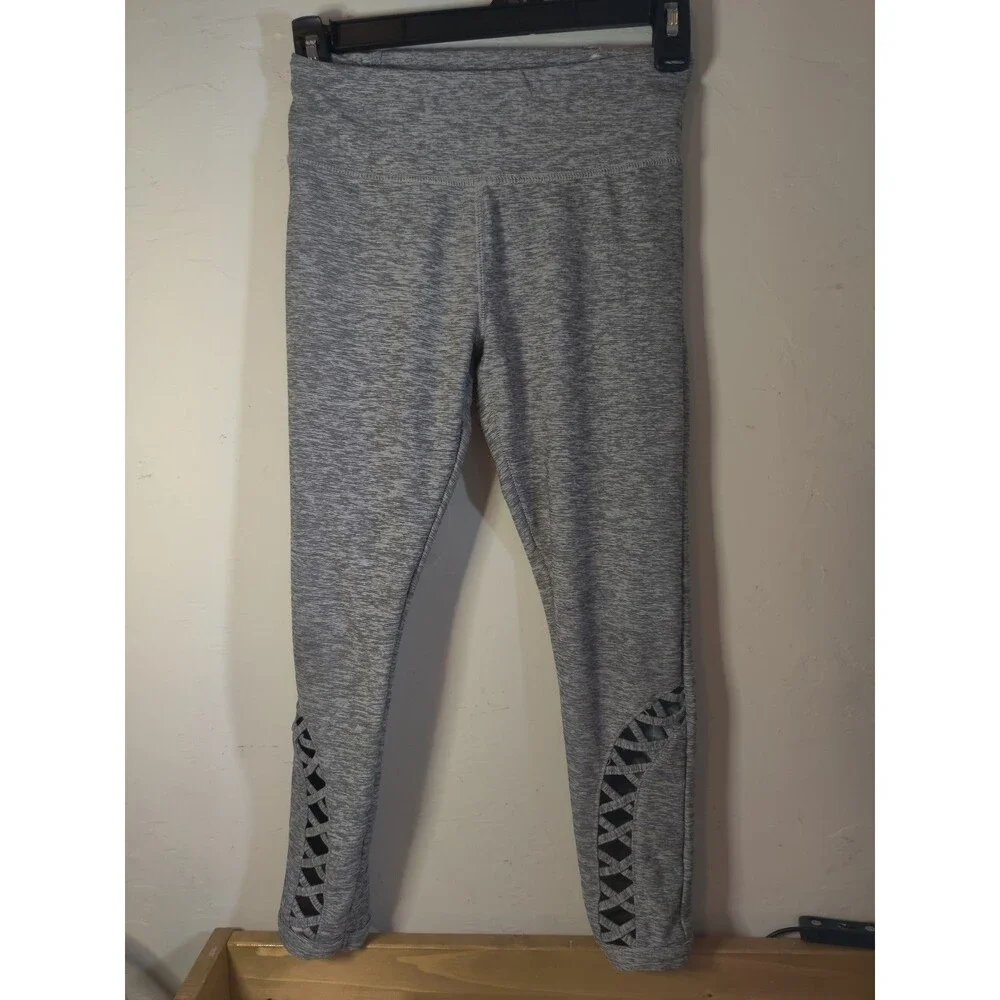Justice Girls Size M (8-10) Gray Ankle Leggings Lattice Trim Detail Back Waist